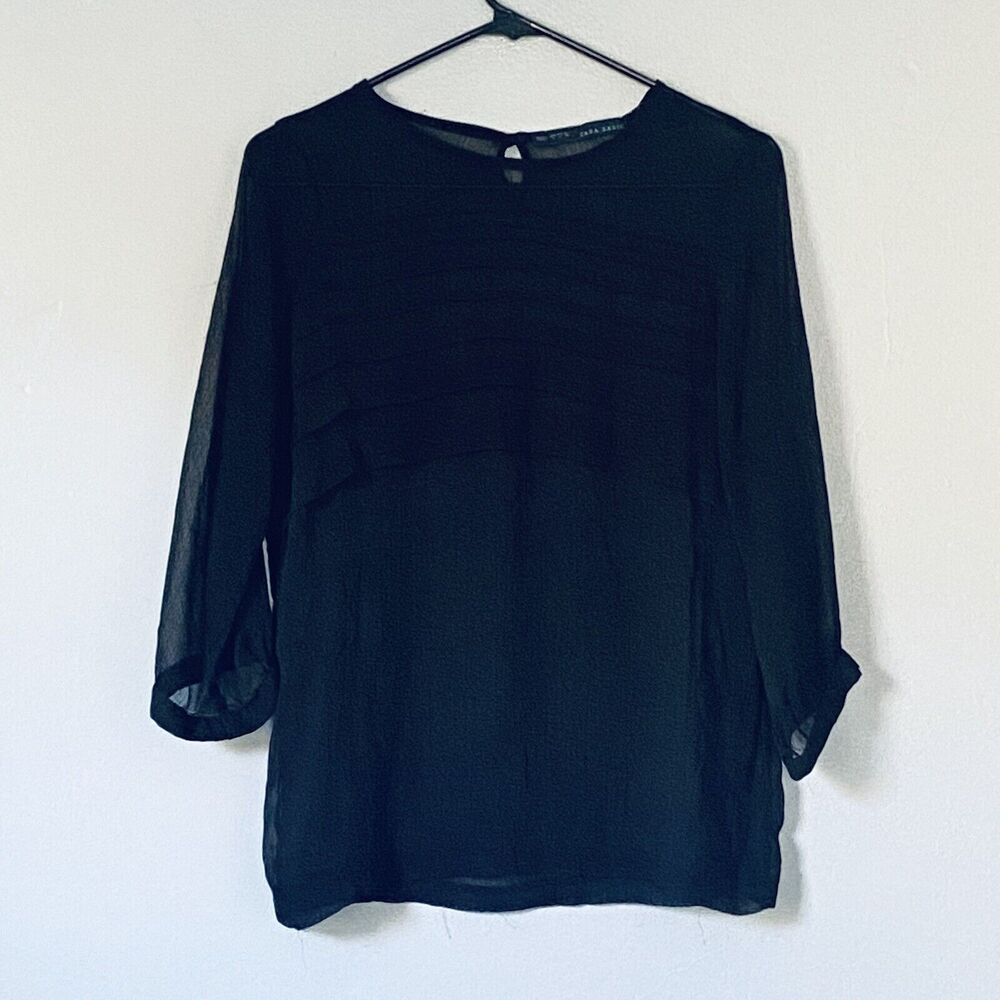 Zara Basic Sheer Top Large Pleats 3/4 Sleeve Emo Goth City Minimalist Party